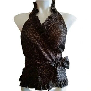 Isadora Leopard Animal Print Sleeveless Wrap Blouse LP Women’s Brown Black Ruffl